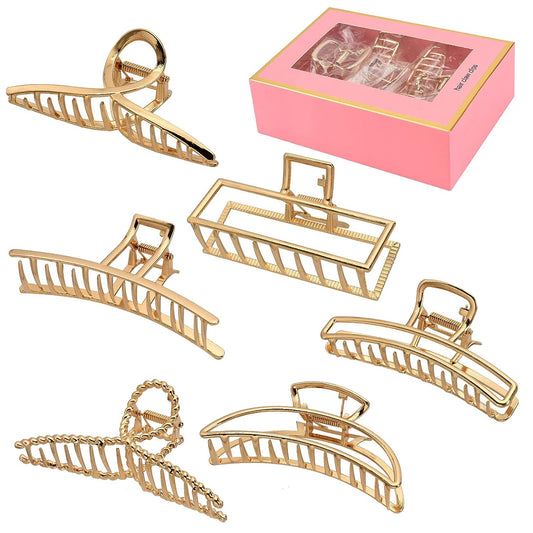 6 Pack Large Metal Hair Claw Clips - 4 Inch Big Gold Hair Clips,Perfect Jaw Hair Clamps for Women and Thinner,Thick Hair Styling,Strong Hold Hair,Fashion Hair Accessories (Style 1)